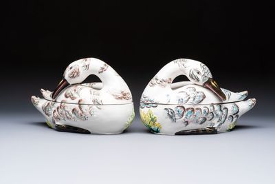 A pair of polychrome Italian faience goose-form tureens and covers, Bassano del Grappa, 19th C.
