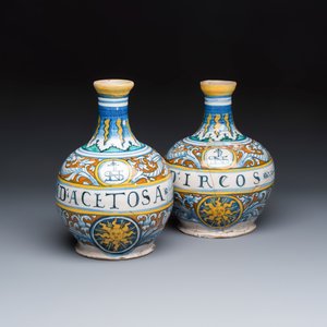 A pair of polychrome monogrammed Italian maiolica pharmacy bottles — photo 1