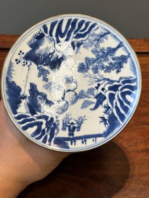 A pair of rare Chinese blue and white 'fisherman, woodcutter, farmer and scholar 漁樵耕讀圖' offering tazzas, Zhu Jiang Ruo Ji 珠江若記 mark, 19th C. — photo 15