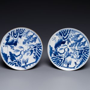 A pair of rare Chinese blue and white 'fisherman, woodcutter, farmer and scholar 漁樵耕讀圖' offering tazzas, Zhu Jiang Ruo Ji 珠江若記 mark, 19th C. — photo 4