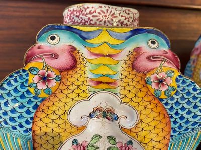 A pair of rare Chinese Canton enamel 'double eagle' vases, Yongzheng — photo 7