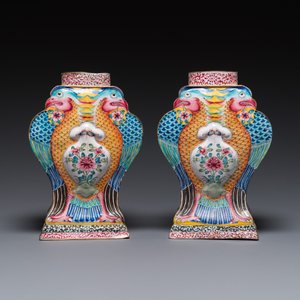 A pair of rare Chinese Canton enamel 'double eagle' vases, Yongzheng — photo 2
