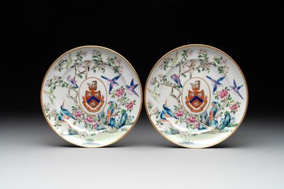 A pair of rare Chinese Canton famille rose armorial plates with the arms of Wight, ca. 1810