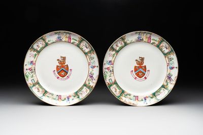 A pair of rare Chinese Canton famille rose armorial plates with the arms of Wight, ca. 1810
