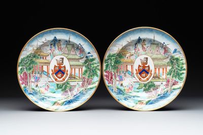 A pair of rare Chinese Canton famille rose armorial soup plates with the arms of Wight, ca. 1810