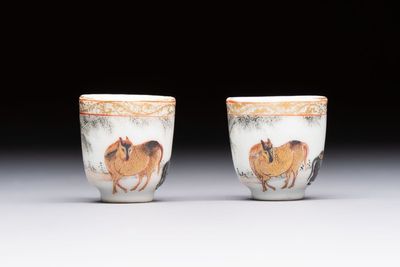 A pair of rare Chinese gilt- and silver-decorated grisaille and iron-red miniature 'Horse' cups, Yongzheng/Qianlong