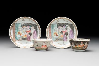 A pair of rare Chinese rose-grisaille cups and saucers after 'Actors of the Comédie-Française' by Watteau, Yongzheng/Qianlong