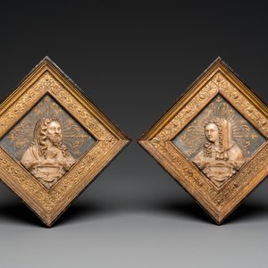 A pair of rare rhombus-shaped Malines alabaster portrait carvings, signed Tobias Tissenaken, end of the 16th C. — photo 1