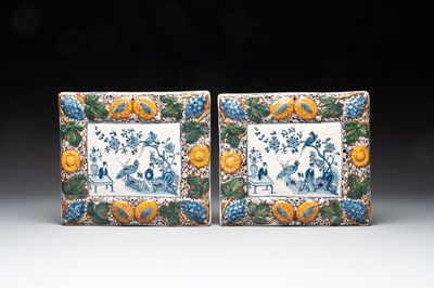 A pair of rectangular Dutch Delft 'mixed technique' plaques, 1st quarter 18th C.