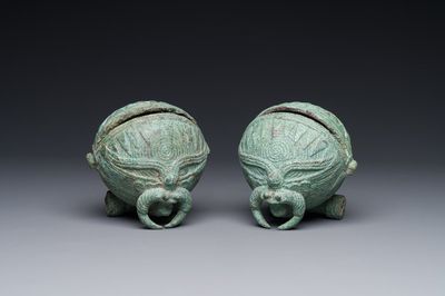 A pair of round bronze bells for water buffalo, Cambodia, Batambang provence, 300 BC