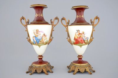 A pair of Sèvres style vases with bronze mounts, Brussels, 19th C.