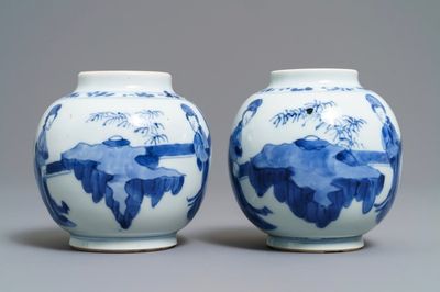 A pair of small Chinese blue and white 'Long Eliza' jars, Kangxi