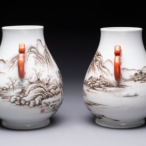 A pair of small Chinese grisaille 'hu' vases with winter landscapes, Qianlong and Tangying marks, Republic — photo 3
