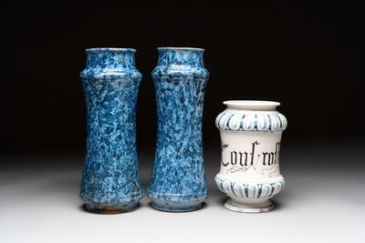 A pair of Spanish splashed blue pottery albarelli and an Italian blue, white and manganese albarello, Savona, 17/18th C.