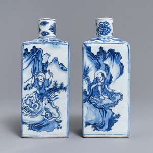 A pair of square Chinese blue and white 'immortals' tea caddies, Wanli — photo 1
