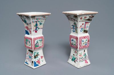 A pair of square Chinese famille rose 'Romance of the Western chamber' vases, Yongzheng