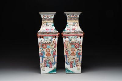 A pair of square Chinese famille rose vases with narrative design, 19th C.
