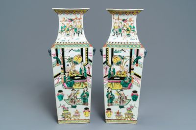 A pair of square Chinese famille rose vases with warriors and court scenes, 19th C.