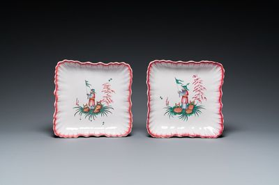 A pair of square French faience dishes with Chinese flag-bearers, Lunéville or Strasbourg, 18th C.