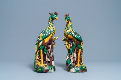 A pair of tall Chinese sancai-glazed models of phoenixes, Republic