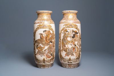 A pair of tall Japanese Satsuma vases, Meiji, 19th C.
