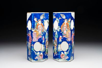 A pair of unusual Chinese blue-ground famille rose 'Eight Immortals' hat stands, Tongzhi mark and of the period