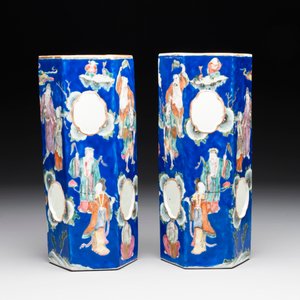 A pair of unusual Chinese blue-ground famille rose 'Eight Immortals' hat stands, Tongzhi mark and of the period — photo 3