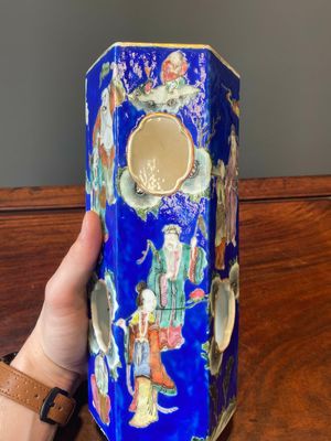 A pair of unusual Chinese blue-ground famille rose 'Eight Immortals' hat stands, Tongzhi mark and of the period. — photo 26