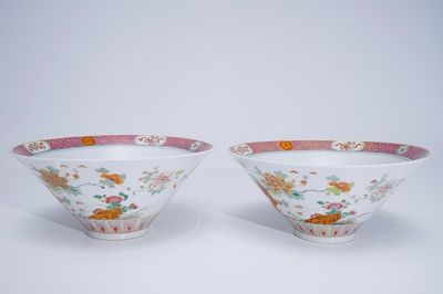 A pair of unusual Chinese famille rose conical bowls, 19th C.