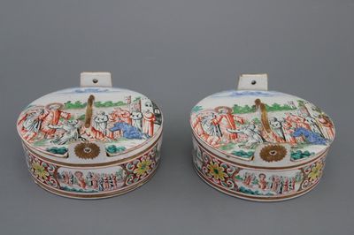 A pair of very fine Dutch Delft petit feu butter tubs with biblical scenes, early 18th C.