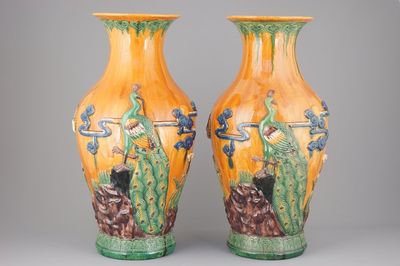 A pair of very tall Chinese sancai glazed vases, 1st half 20th C.