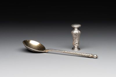 A parcel-gilt silver spoon and a 'C.J.K.' engraved seal stamp, Russia and possibly France, 19/20th C.