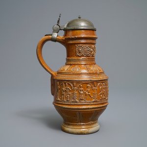A 'Peasants dance' stoneware jug with pewter lid, Raeren, dated 1578 — photo 3