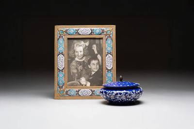 A Persian enamel and bone-inlaid frame, and an enamel flower holder, 19/20th C.