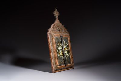 A Persian painted and Khatam Kari-inlaid wooden mirror with two doors, Qajar, 19th C.
