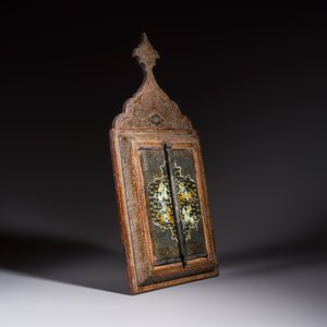 A Persian painted and Khatam Kari-inlaid wooden mirror with two doors, Qajar, 19th C. — photo 1