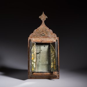 A Persian painted and Khatam Kari-inlaid wooden mirror with two doors, Qajar, 19th C. — photo 3