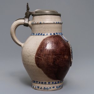 A pewter-mounted Westerwald stoneware 'Double Eagle' jug, Germany, dated 1770 — photo 5