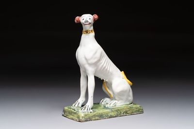 A polychrome Brussels faience greyhound, 18th C.