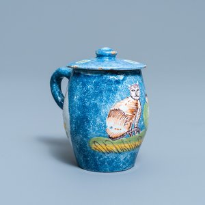 A polychrome Brussels faience mustard jar and cover with a cat, 18th C. — photo 1