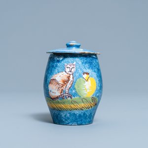 A polychrome Brussels faience mustard jar and cover with a cat, 18th C. — photo 2