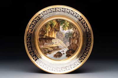A polychrome Brussels gilt-decorated 'landscape' plate, marked Faber à Bruxelles, first quarter 19th C.