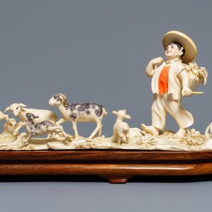 A polychrome Chinese ivory group with a shepherd, ca. 1940 — photo 1