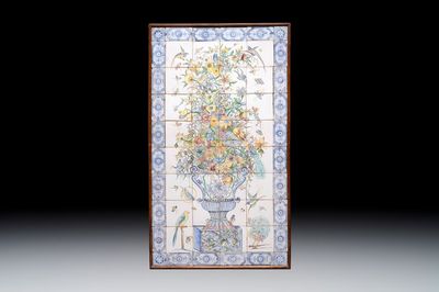 A polychrome Delftware 'flower vase and birds' tile mural, 20th C.