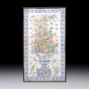 A polychrome Delftware 'flower vase and birds' tile mural, 20th C. — 照片 1