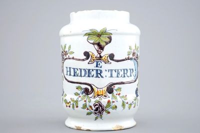 A polychrome Dutch Delft albarello-shaped pharmacy jar, 18th C.
