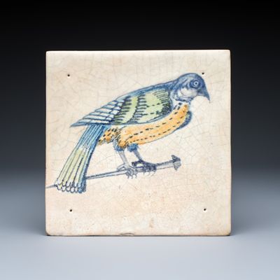 A polychrome Dutch Delft 'Bird on a Nail' tile, 17th C.