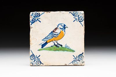 A polychrome Dutch Delft 'bird' tile after Adriaen Collaert, 1st half 17th C.