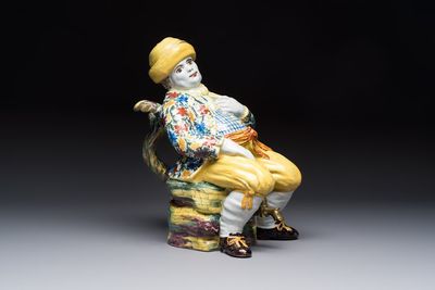 A polychrome Dutch Delft 'Bobbejak' table fountain and cover, 18th C.