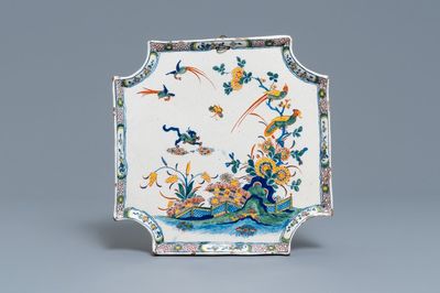 A polychrome Dutch Delft chamfered square Kakiemon-style plaque, 1st half 18th C.